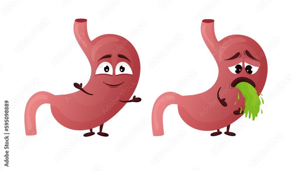 Cartoon stomach character. Concept of healthy and diseased internal organ, vomiting and nausea. Vector illustration Cartoon stomach character. Concept of healthy and diseased internal organ, vomiting and nausea. Vector illustration