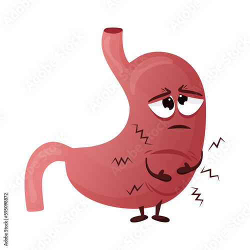 Cartoon stomach character. Concept diseased internal organ, overeating and pain. Vector illustration
