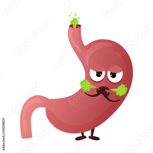 Cartoon stomach character. Concept diseased internal organ, heartburn and belching. Vector illustration