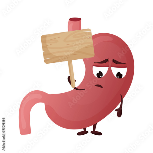 Cartoon sad stomach character with wooden sign in hands. Concept of seeking help. Vector illustration