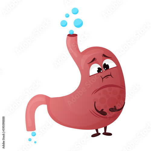 Cartoon stomach character. Concept diseased internal organ, bloating and constipation. Vector illustration