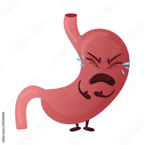 Cartoon сrying stomac character. Concept diseased internal organ suffering from pain. Vector illustration