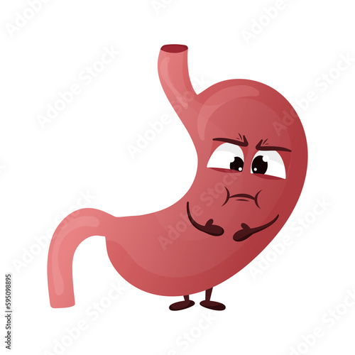Cartoon stomac character. Сoncept diseased internal organ, nausea and indigestion. Vector illustration