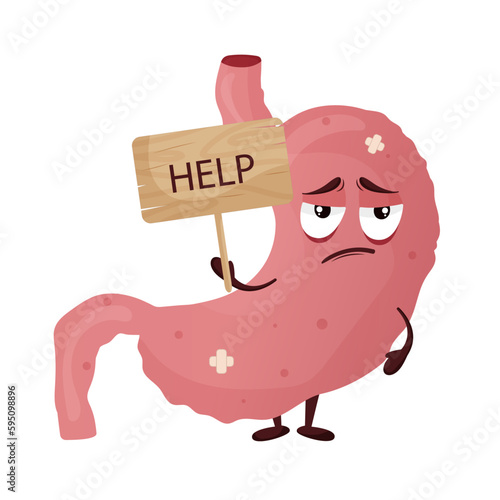 Cartoon sad stomach character with wooden sign in hands. Concept sick internal organ of seeking help. Vector illustration