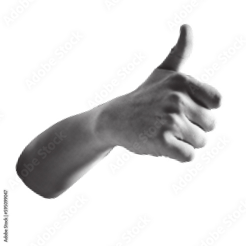 Halftone collage hand with thumb up. Retro pop art magazine cutout shape in dotted style, human arm dithered texture. 