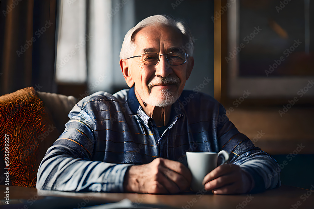 Portrait of retired old man grandpa sits at sofa indoors in home room. Concept of active age. Generative AI Portrait of retired old man grandpa sits at sofa indoors in home room. Concept of active age. Generative AI