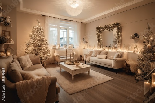 luxury interior  christmas tree  fireplace  generative AI