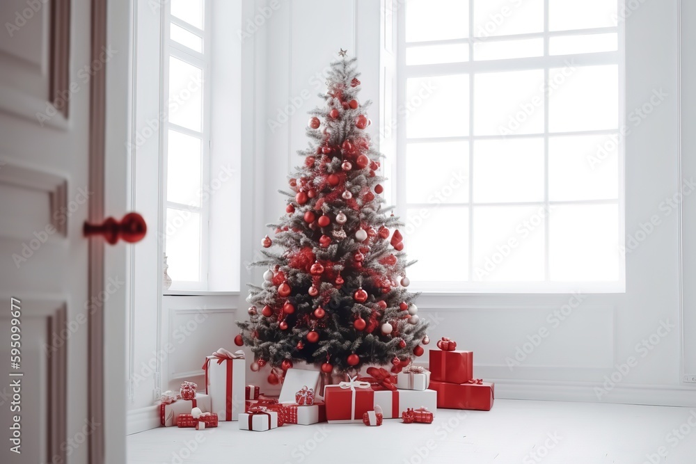 Christmas Tree decoration inside interior empty room, Generative Ai