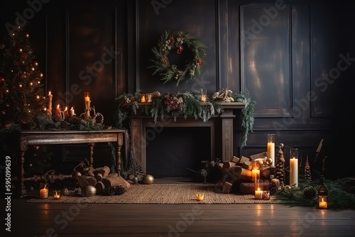 Christmas black wooden BG, space for text ,generative AI
