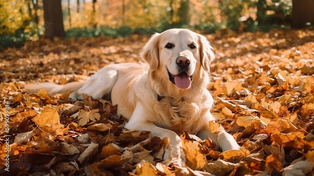 Golden Retriever dog lying down in the fall leaveson a porch at dusk