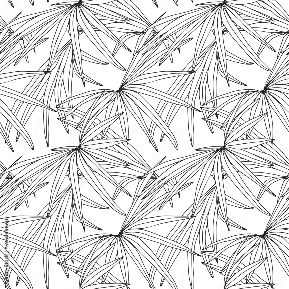 Jungle palm leaves seamless pattern for surface design, ink black and white hand drawn background