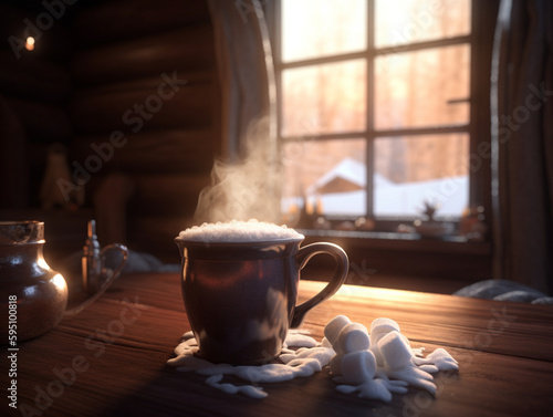 Angenehm Warme Großzügig gewürzte Heiße Schokolade Mit Süßkram (Marshmallows). Welch eine wohlig warme Atmosphäre und ein schöner Winterwald im Hintergrund! photo