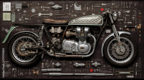 Annual knolling poster of cafe racer motorcycle. Generative AI