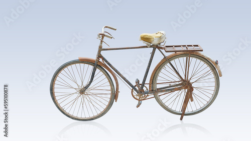 side view old and dirty brown and black frame bicycle on gradient blue and white background, object, decor, transport, gift, decoration, copy space