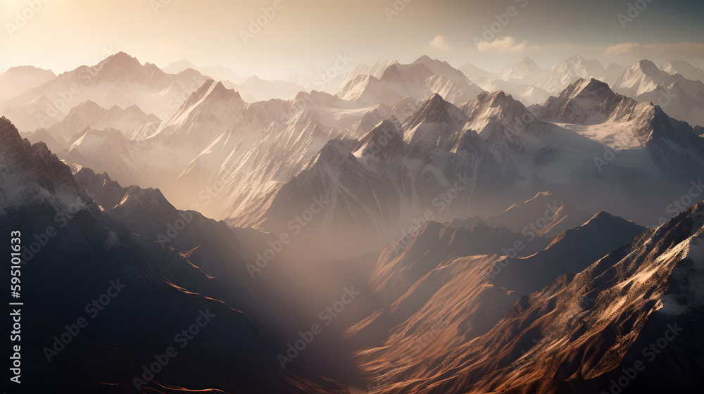 Remarkable image of a snow-capped mountain range, showcasing the rugged peaks and deep valleys, all bathed in the soft, ethereal light of the early morning sun