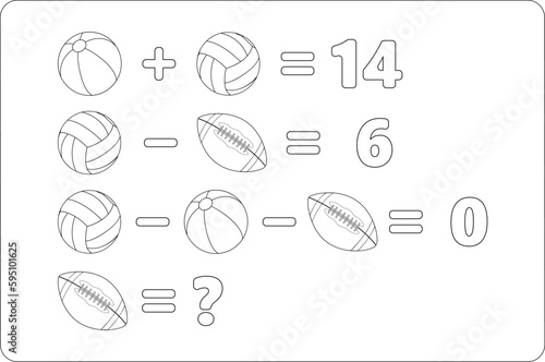 Math puzzle. Mathematics educational game for children. Fun Math Problem for Kids. Black and white vector  worksheets