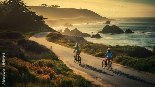 Beautiful sunset over a coast, people riding bikes on a shore asphalt path, bikers on a journey, created using Generative AI technology © Bartlomiej
