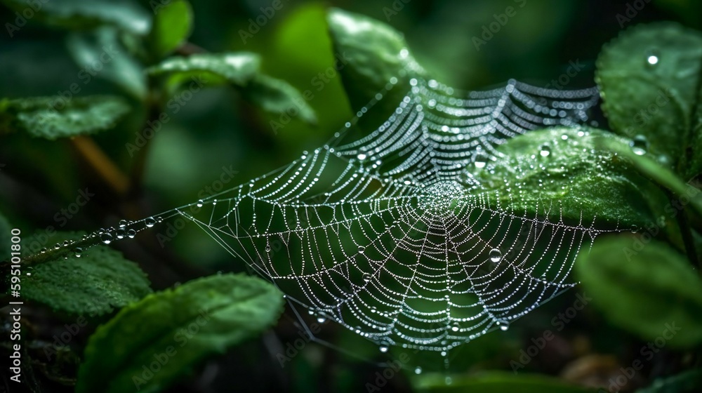 A close-up photo of a spider's web stretched between leaves, net covered in dew, created using Generative AI technology