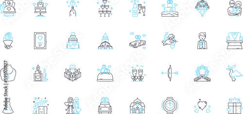 Nuptials linear icons set. Marriage, Wedding, Couple, Ceremony, Rings, Vows, Dress line vector and concept signs. Suit,Bouquet,Boutonniere outline illustrations
