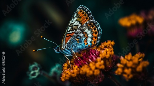 A close-up detailed photography of a colorful butterfly sitting on a blooming flower, created using Generative AI technology