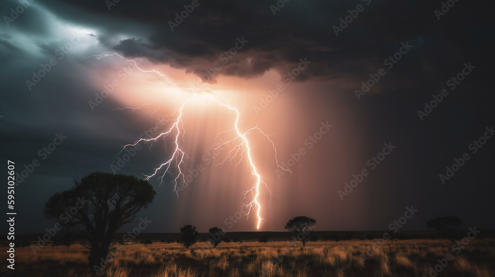 Intense storm with multiple lightning bolts cracking on the night sky, summertime thunder over a grass field, created using Generative AI technology