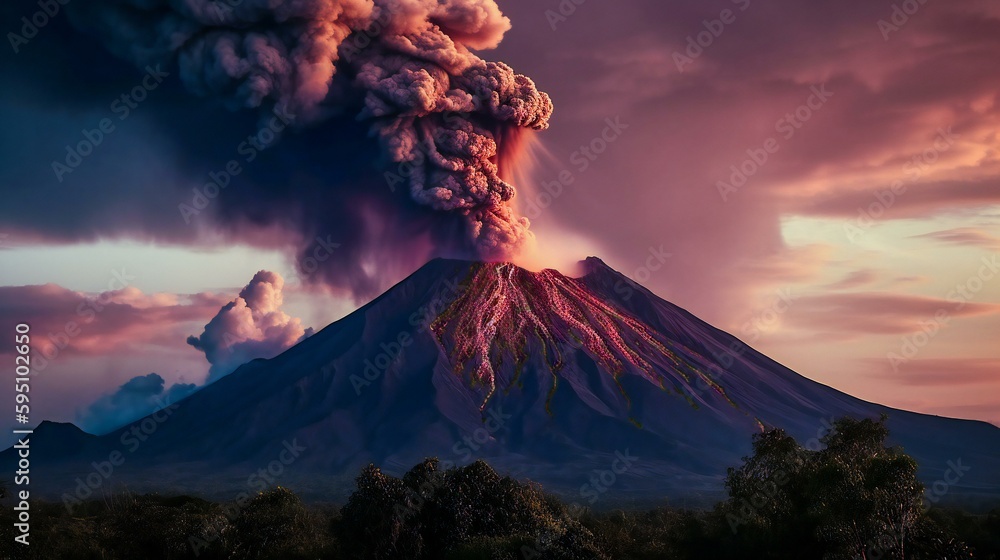 Majestic active volcano captured during a majestic eruption, huge smoke and ash cloud above lava river flowing down the mountain, created using Generative AI technology