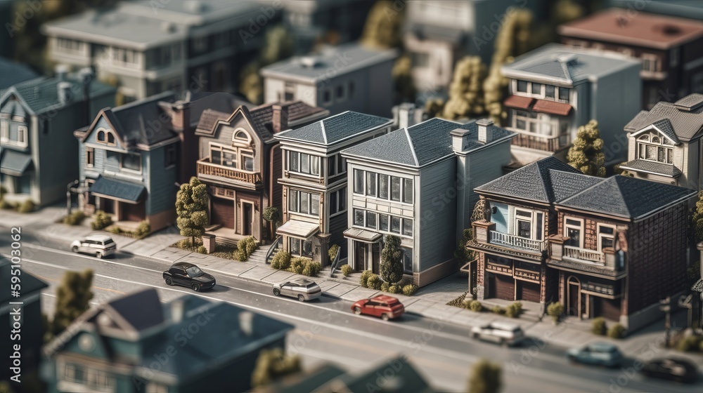 A birds eye view of a bustling residential neighbourhood, Miniature city layout. AI generated illustration A birds eye view of a bustling residential neighbourhood, Miniature city layout. AI generated illustration