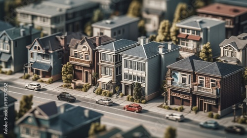 A birds eye view of a bustling residential neighbourhood, Miniature city layout. AI generated illustration © ArtStage