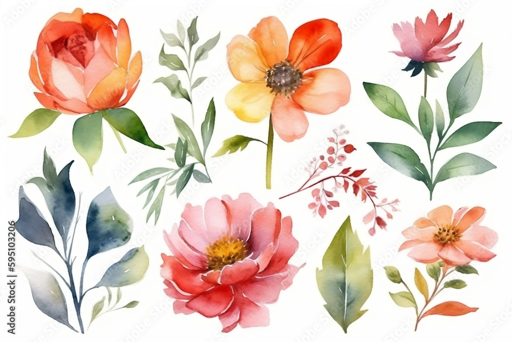flower collection on white background with margins, watercolor, cartoon pretty, Mother's Day, Generative AI