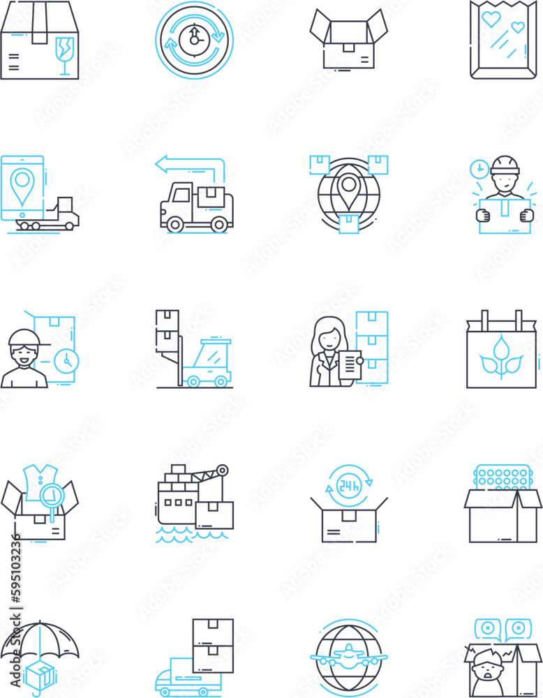 Shipping solutions linear icons set. Logistics, Carrier, Freight, Transport, Warehouse, Delivery, Customs line vector and concept signs. Cargo,Package,Fleet outline illustrations