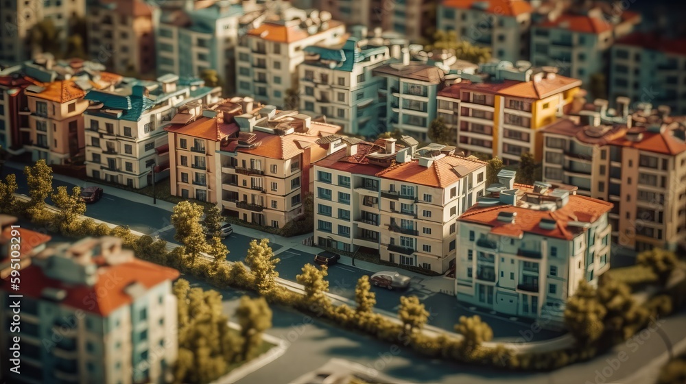 Obraz premium A birds eye view of a bustling residential neighbourhood, Miniature city layout. AI generated illustration