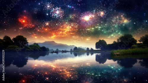 serene lake, surrounded by lush greenery, reflecting the vibrant colors of a fireworks, independence day concept, generative ai