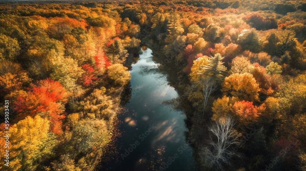 A top-down aerial photo of a forest landscape during the autumn season, colorful trees and a river running in the middle, created using Generative AI technology