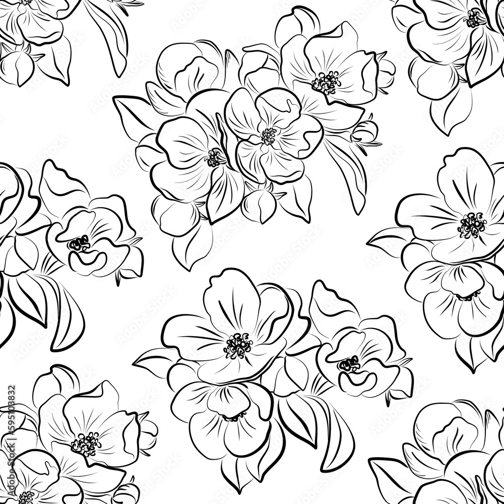 Seamless pattern with a contour of flowers on a white isolated background.