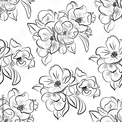 Seamless pattern with a contour of flowers on a white isolated background.