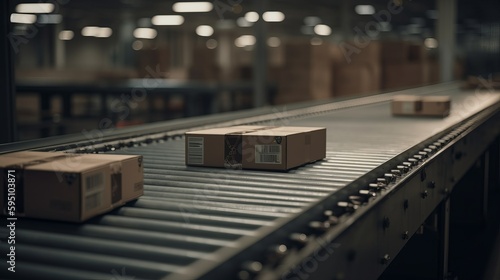 High Tech Factory conveyor belts with cardboard box. AI generated