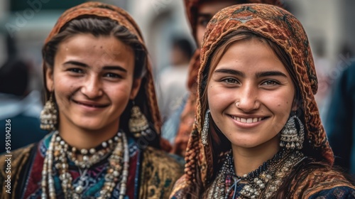 Smiling central asian young women looking at the camera. Generative AI