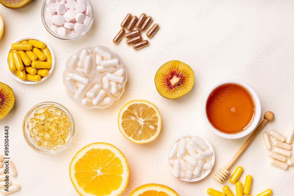 Food supplements, vitamins and minerals in form of pills, capsules and