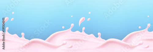 Strawberry milk beverage splash seamless pattern. 3d realistic pink yogurt wave border. Liquid rose body lotion. Vector milky cherry or raspberry yoghurt product package mockup