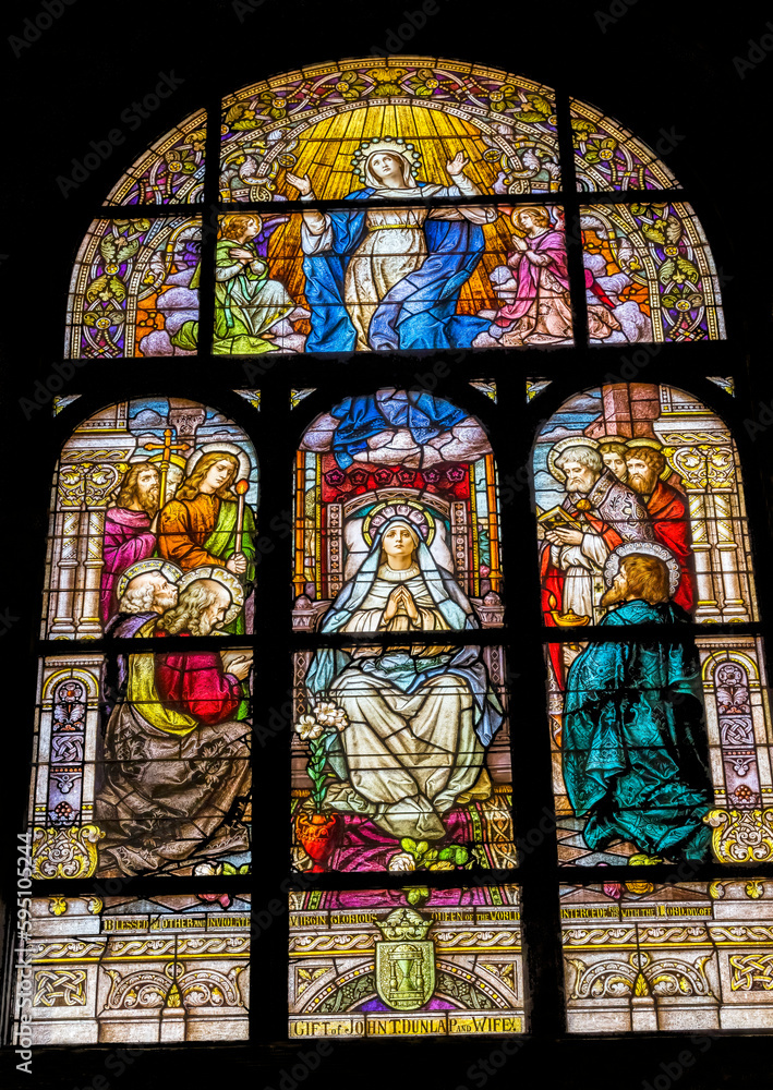 Stained glass, Phoenix, Arizona. Mary bodily raised into heaven, stained glass from 1915