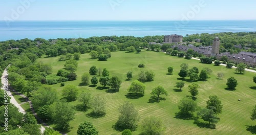 Aerial view of the Fort Sheridan grounds with Lake Michigan in the distance in the Northern Suburbs of Chicago, IL. USA. photo