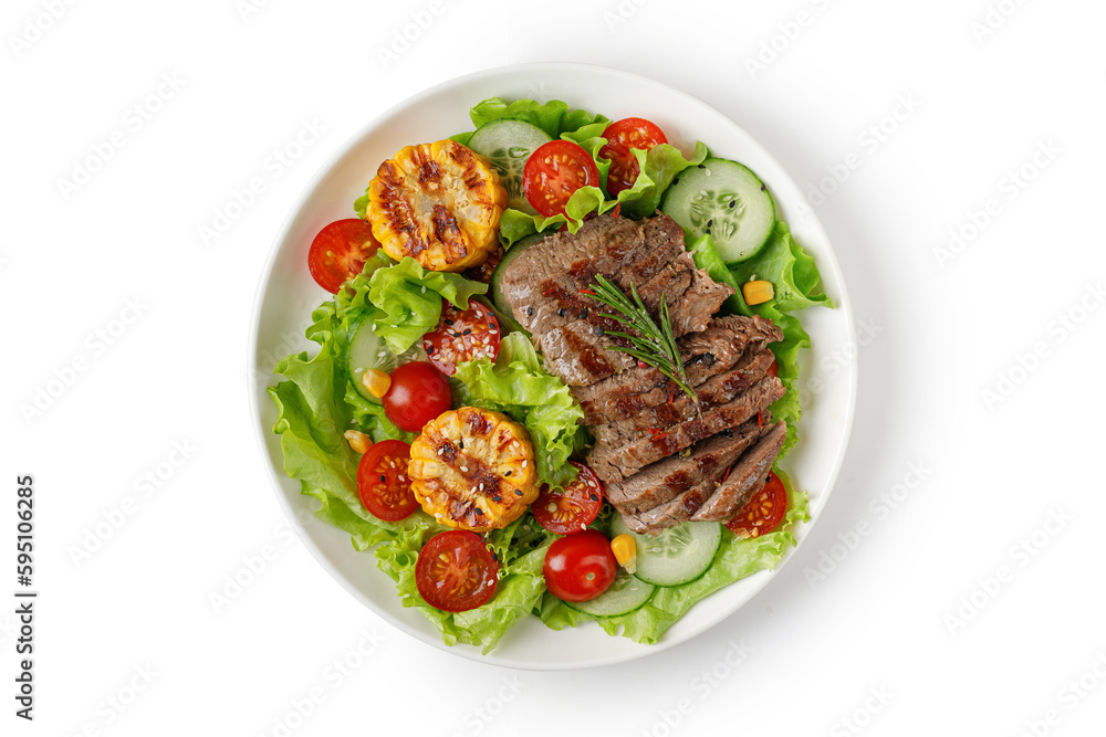 Roast beef salad isolated on white background with clipping path. Cut out. Salad, meal with meat steak, grilled corn and beef meat with vegetable. Diet dinner concept. Roast beef salad isolated on white background with clipping path. Cut out. Salad, meal with meat steak, grilled corn and beef meat with vegetable. Diet dinner concept.