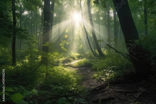 sun rays in the forest- made with generative ai