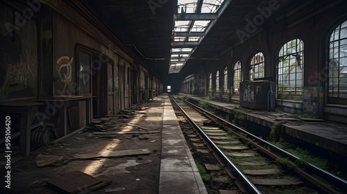 Fascinating image of an abandoned train station, with the weathered and rusting railway tracks and platform, showcasing the beauty of decay and the passage of time