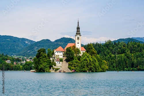 Beautiful idyllic view on island  castle  catholic Maria church in lake Bled.  Slovenia