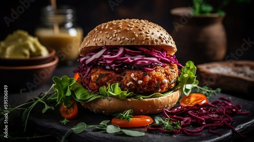Fototapeta Naklejka Na Ścianę i Meble -  The concept of healthy food is exemplified by a vegan falafel burger served with vegetables and sauce, against a dark background. Generative AI