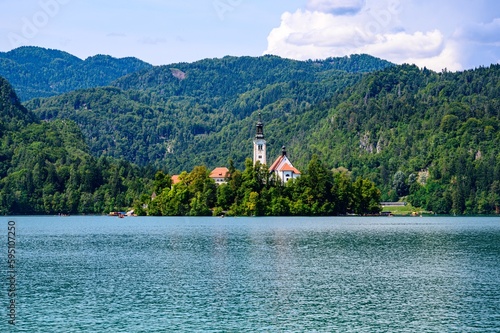 Wallpaper Mural Beautiful idyllic view on island, castle, catholic Maria church in lake Bled.  Slovenia Torontodigital.ca