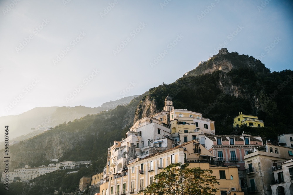 Sunset View of the town of Amalfi in Italy on the Mediterranean Sea