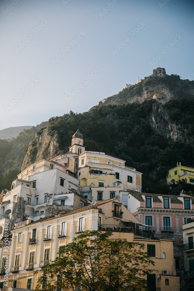 Sunset View of the town of Amalfi in Italy on the Mediterranean Sea