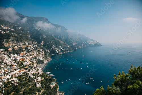 Panoramic View of the Amalfi Coast in Italy on a clear Blue Day